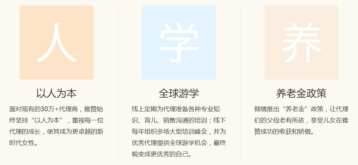 雅赞品牌特色:<br />
以人为本:面对现有的30万+代理商,雅赞始终坚持“以人为本”,重视每一位代理的成长,使其成为更卓越的新时代女性。<br />
全球游学:线上定期为代理准备各种专业知识、育儿、销售沟通的培训;线下每年组织多场大型培训峰会,并为优秀代理提供全球游学机会,最终蜕变成更优秀的自己。<br />
养老金政策:倾情推出“养老金”政策,让代理们的父母老有所依,享受儿女在雅赞成功的收获和骄傲。